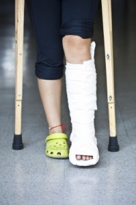 Person with foot in cast on crutches